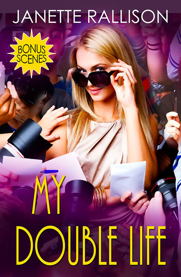 Book cover for "My Double Life" by Janette Rallison. Cover features teen girl surrounded by paparazzi.