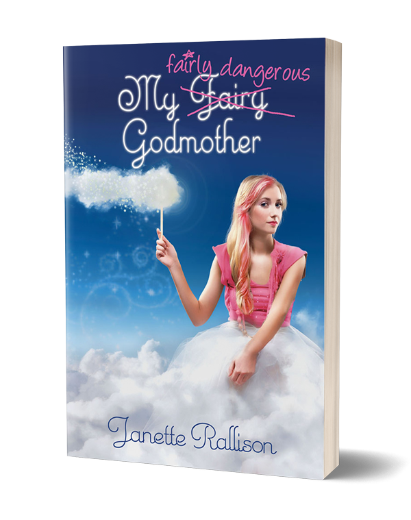 Book cover for "My Fairly Dangerous Godmother" by Janette Rallison. Cover features a fairy with pink hair sitting in a cloud.