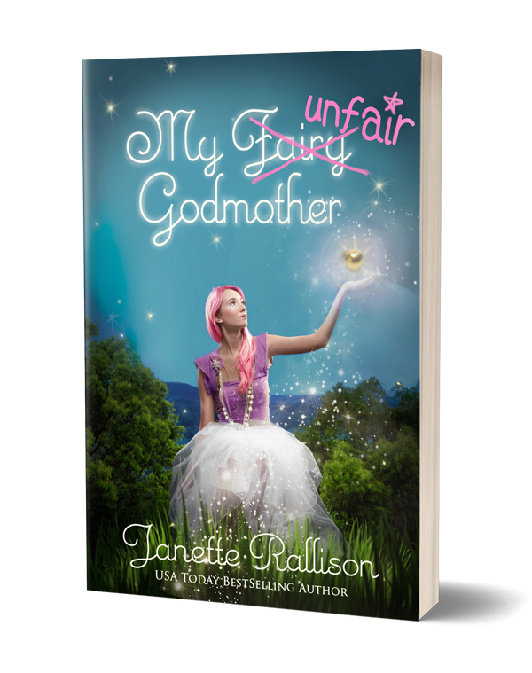 Book cover for "My Unfair Godmother" by Janette Rallison. Cover features a fairy with pink hair holding a ball of light.