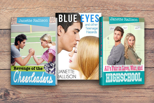 Photo of thee books: "Revenge of the Cheerleaders," "Blue Eyes and Other Teenage Hazards," and "All's Fair in Love, War, and High School" by Janette Rallison.