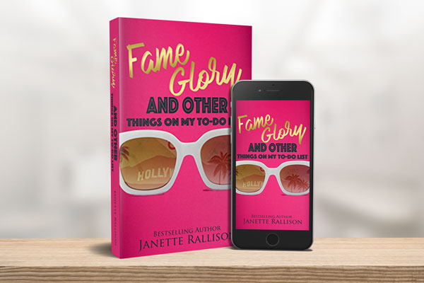 Paperback and ebook versions of "Fame, Glory, and Other Things on My To-Do List" by Janette Rallison posed on a shelf.