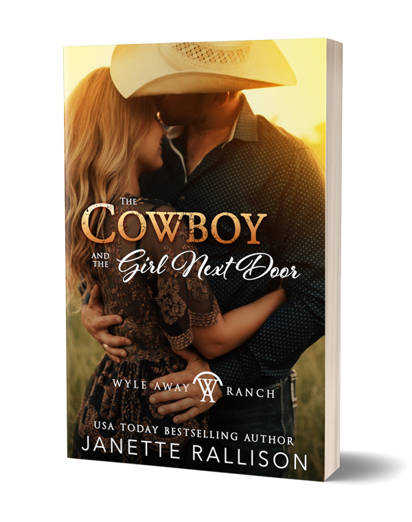 Book cover for "The Cowboy and the Girl Next Door" by Janette Rallison. Cover features a woman in a lace dress and a man in a cowboy hat kissing.