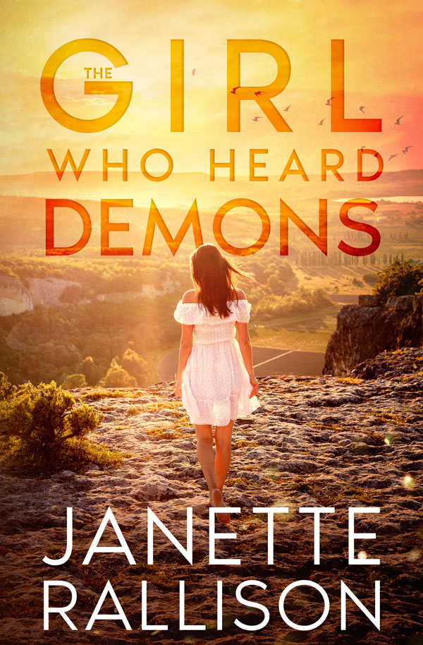 Book cover for "The Girl Who Heard Demons" by Janette Rallison. Cover features a teenage girl walking into the sunset.