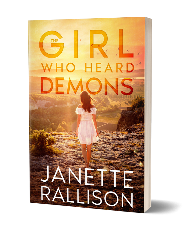 Book cover for "The Girl Who Heard Demons" by Janette Rallison. Cover features a teenage girl walking into the sunset.