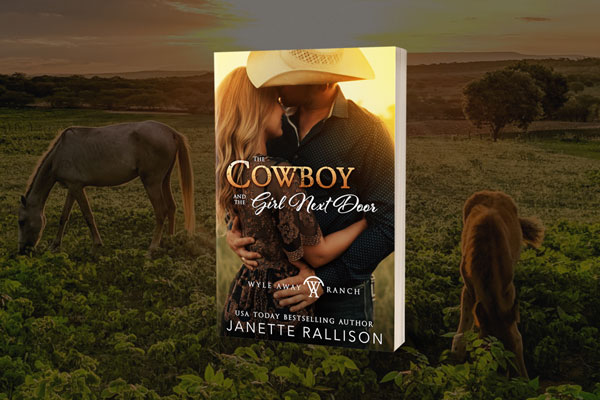 The cover for "The Cowboy And The Girl Next Door" by Janette Rallison against an image of two horses in a field on a ranch.